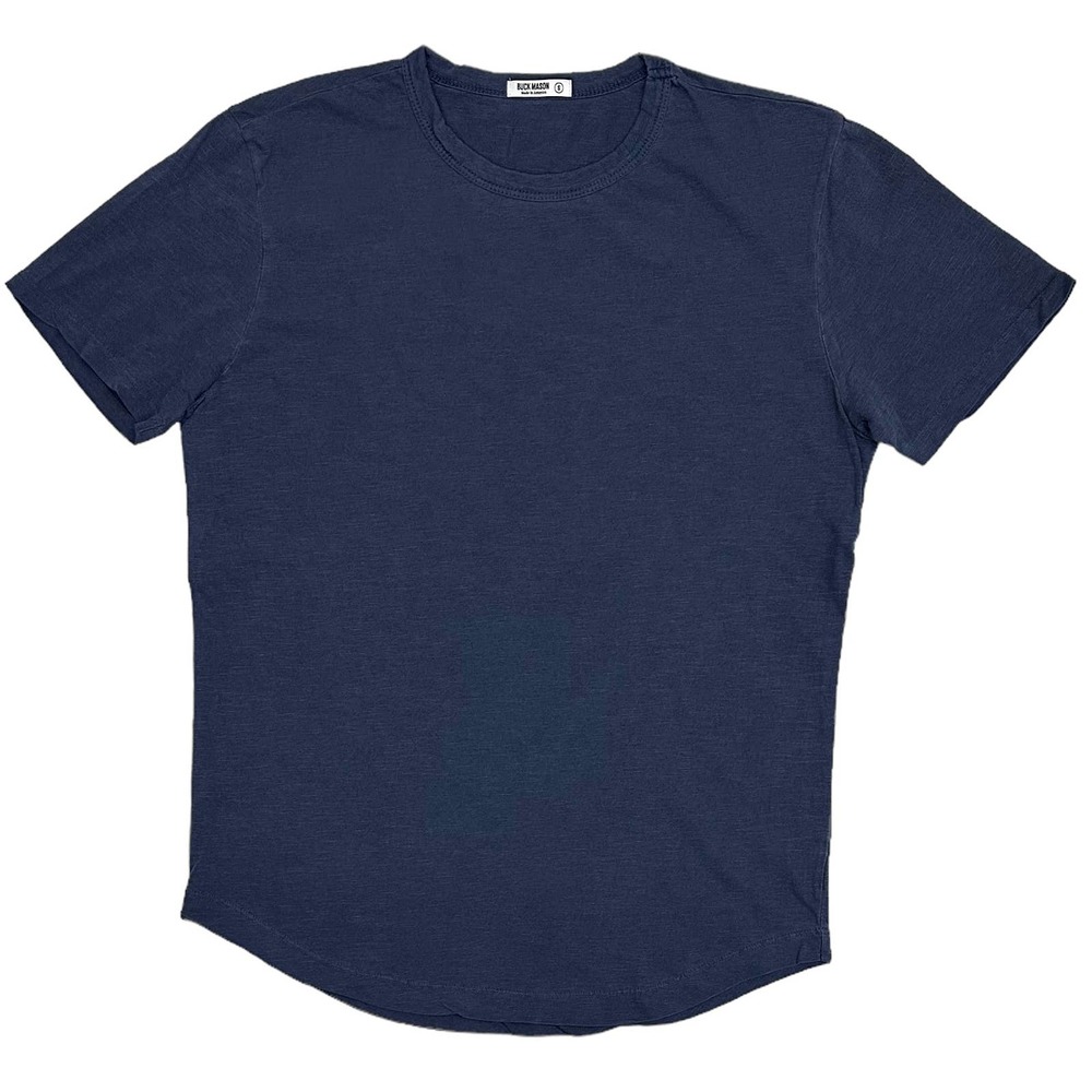 Buck Mason Men's Slub Classic Curved Hem Crewneck T-Shirt in Faded Blue Wash